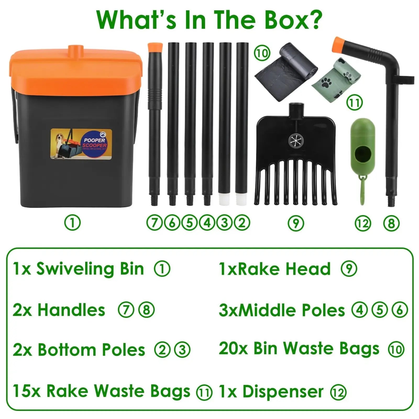 Black and orange heavy duty dog poop scooper kit with swiveling bin, rake head, handles, poles, waste bags, and dispenser
