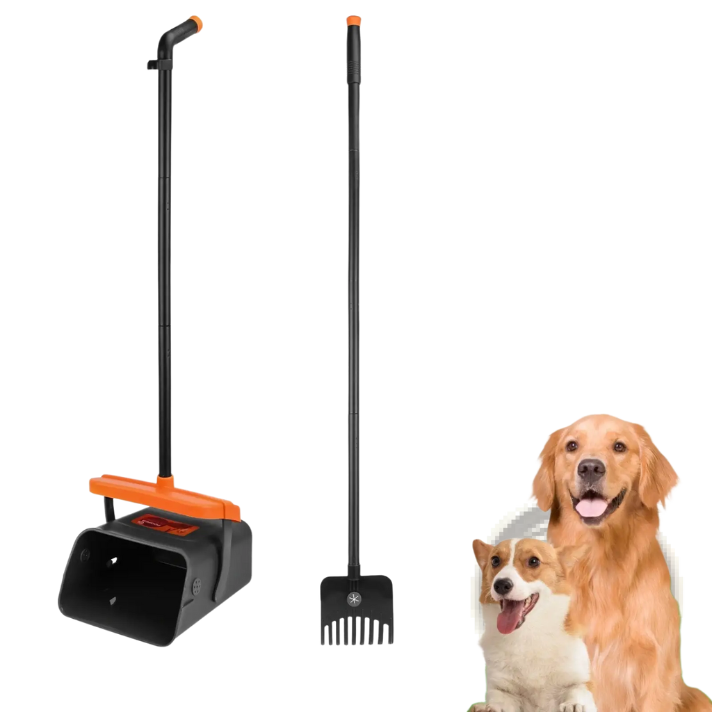 Black and orange heavy duty dog poop scooper kit with swiveling bin featuring scoop and long-handled rake for pet waste cleanup