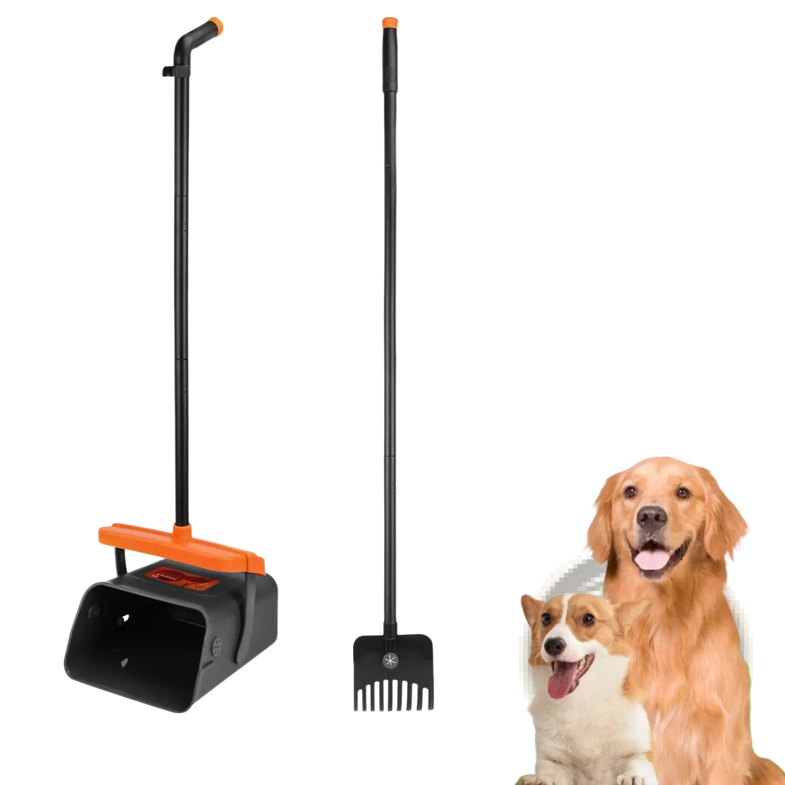 Black and orange heavy duty dog poop scooper kit with swiveling bin featuring scoop and long-handled rake for pet waste cleanup