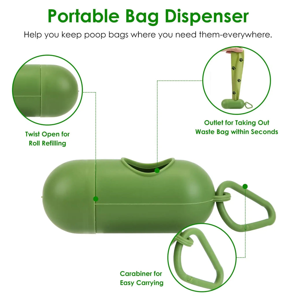 Olive green heavy duty dog poop scooper kit with portable bag dispenser featuring carabiner clip and twist-open design