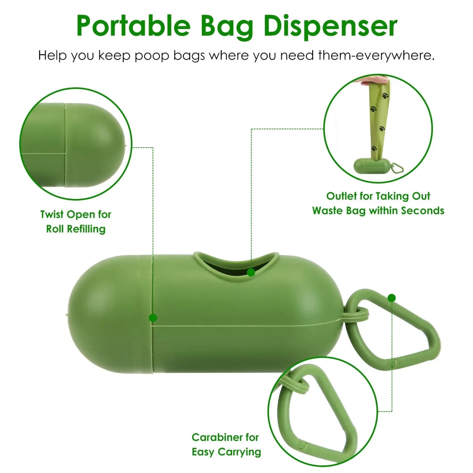 Olive green heavy duty dog poop scooper kit with portable bag dispenser featuring carabiner clip and twist-open design