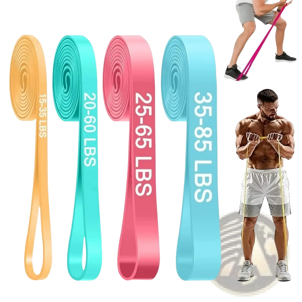 Set of four heavy duty elastic exercise resistance bands in yellow teal pink and light blue with printed weight ratings