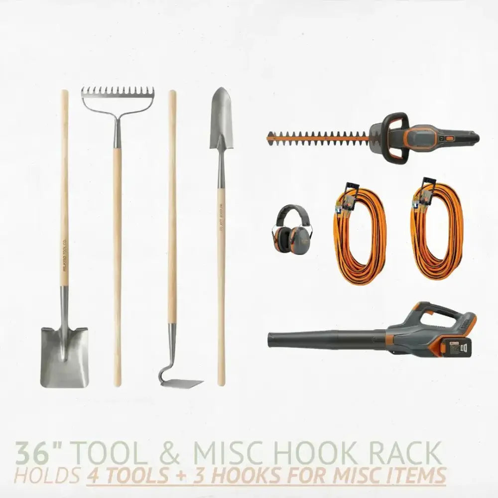 Birch plywood heavy duty garage wall tool rack with four sturdy hooks for hanging shovels and rakes, 36 inches long