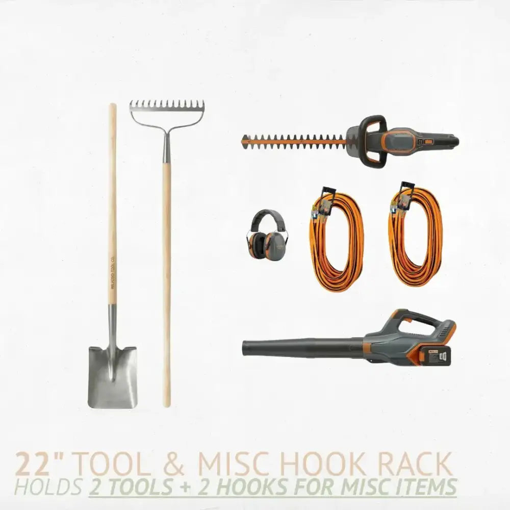 Black and orange cordless hedge trimmer with long serrated blade on birch plywood heavy duty garage wall tool rack