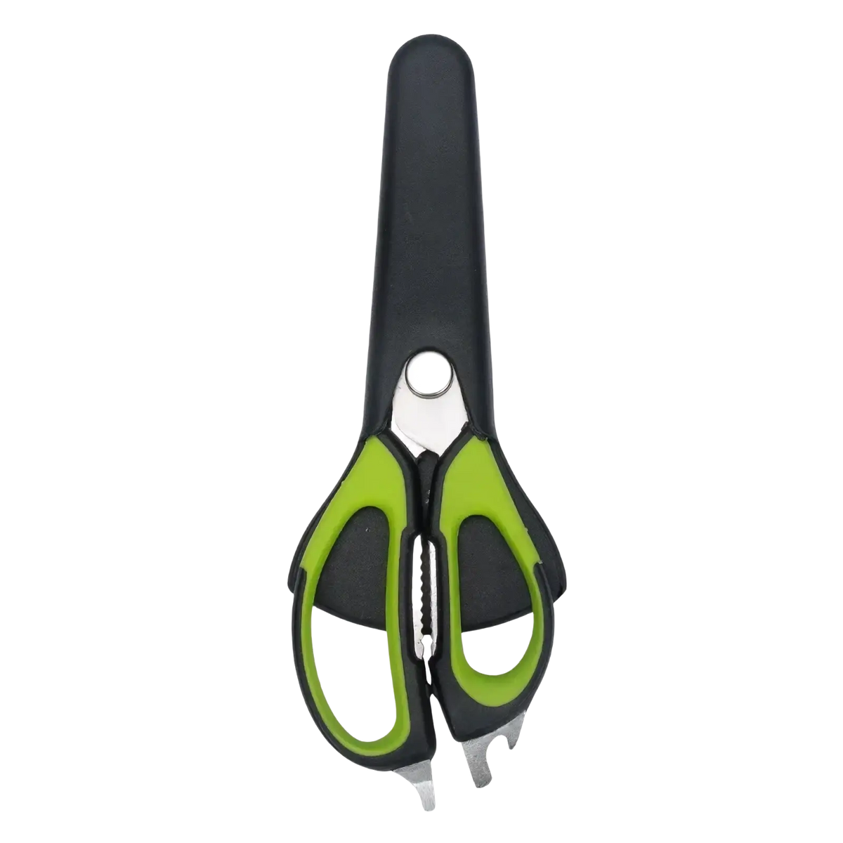 Black and lime green heavy duty kitchen shears with sleek ergonomic design for multifunctional cutting tasks