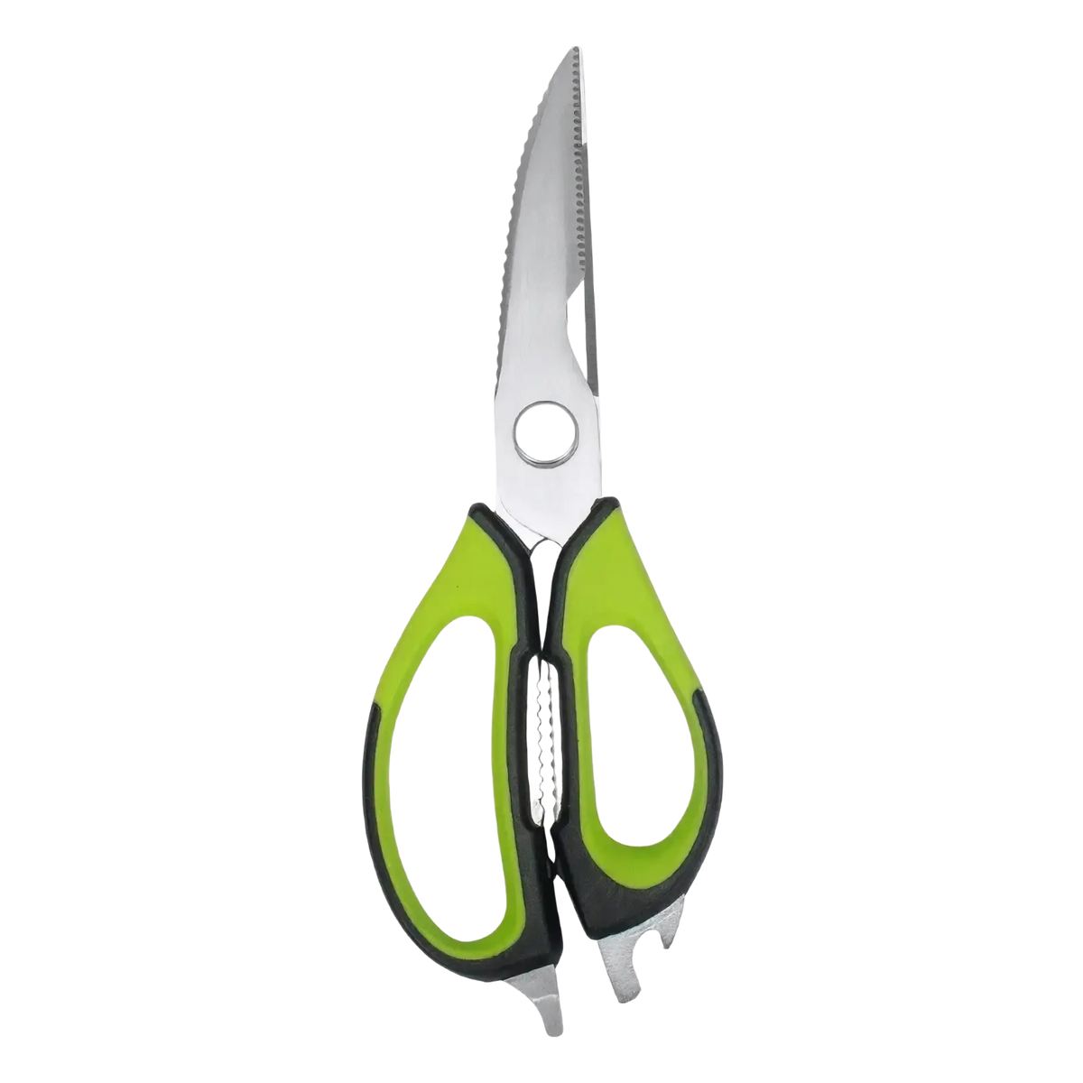 Heavy duty kitchen shears with serrated blades in green and black for multifunctional cutting tasks
