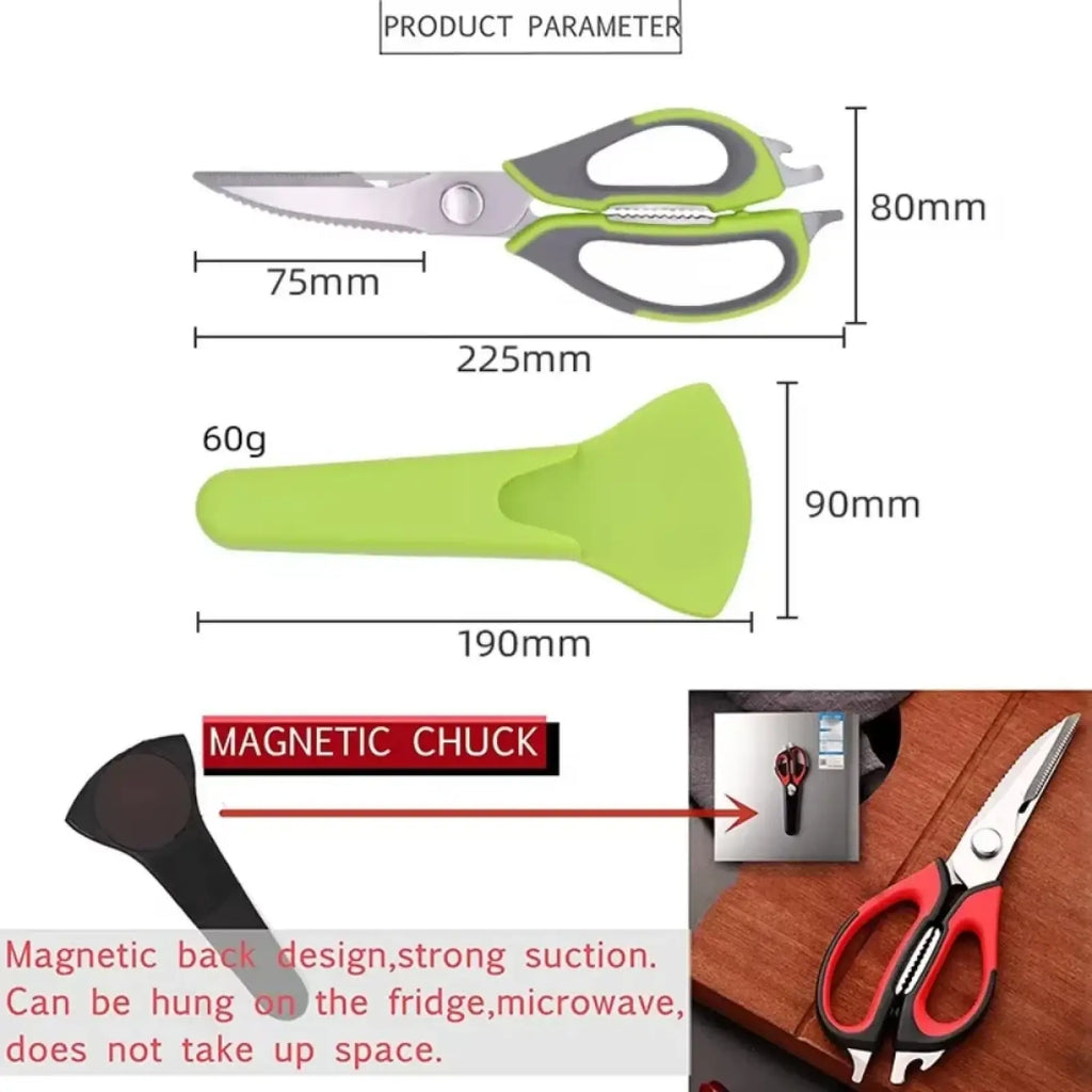 Heavy duty green and gray kitchen shears with magnetic back for fridge attachment and multifunctional use
