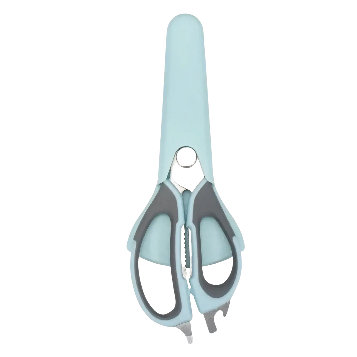 Light blue and gray heavy duty kitchen shears with sleek ergonomic design for multifunctional use