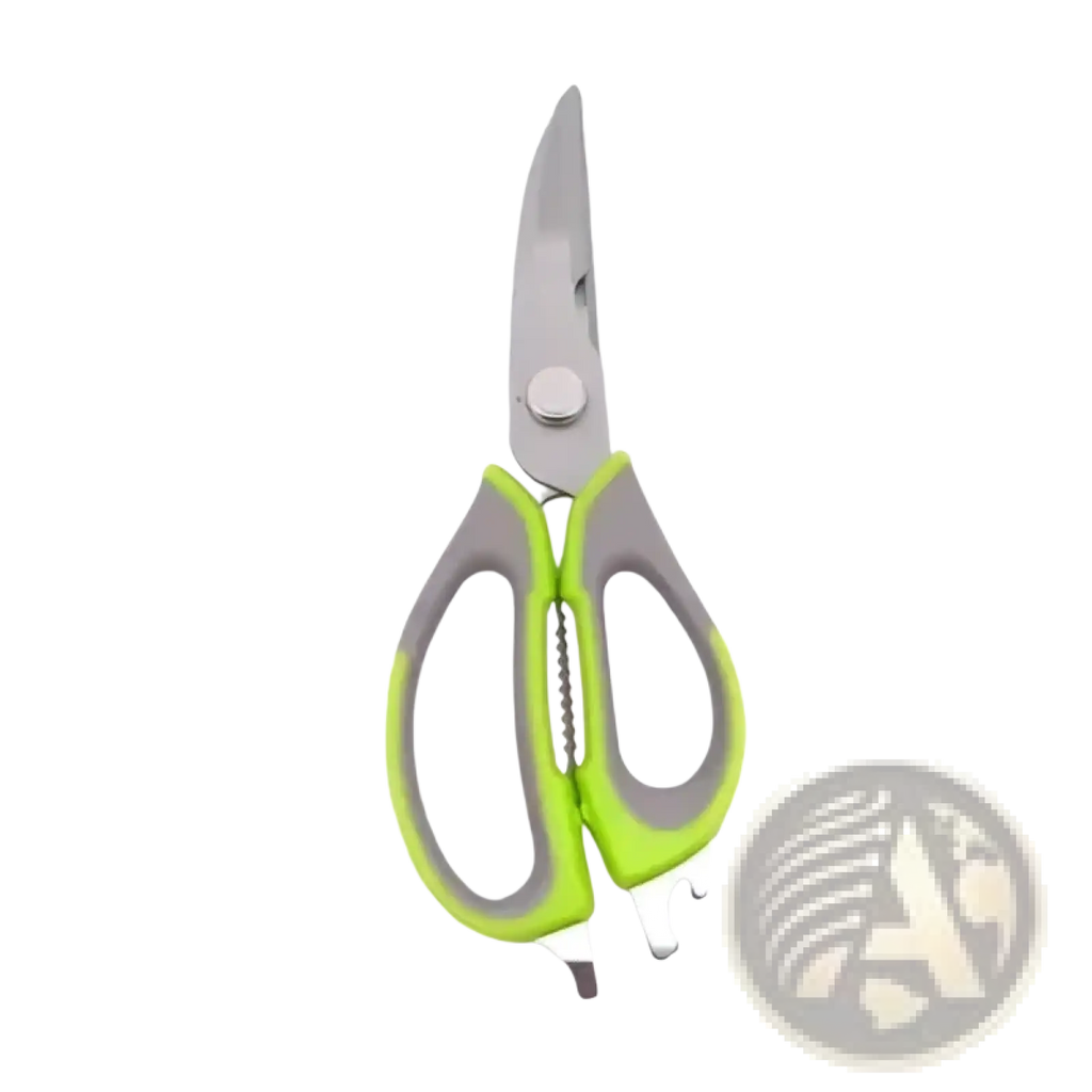 Heavy duty kitchen shears with lime green and gray handles and a stainless steel blade for multifunctional use