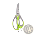 Heavy duty kitchen shears with lime green and gray handles and a stainless steel blade for multifunctional use