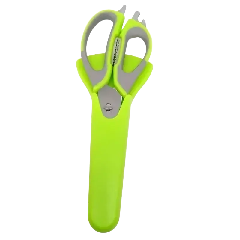 Heavy duty lime green plastic kitchen shears with gray accents and built-in citrus reamer for multifunctional use