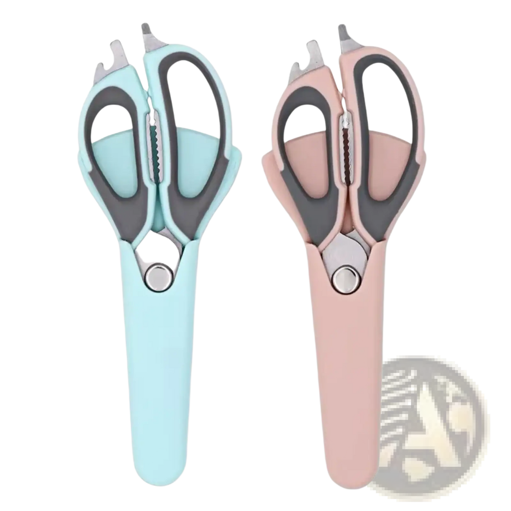 Heavy duty kitchen shears with ergonomic pastel blue and pink handles and integrated bottle opener for multi use tasks
