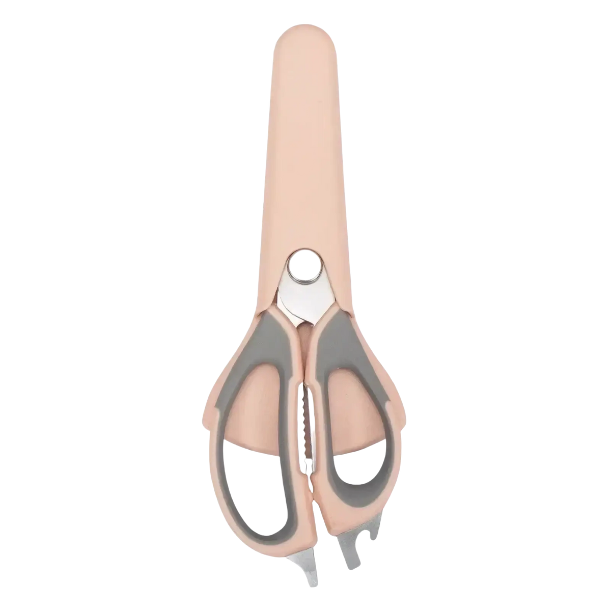 Heavy duty kitchen shears in pink and gray with a sleek ergonomic design for multifunctional cutting tasks