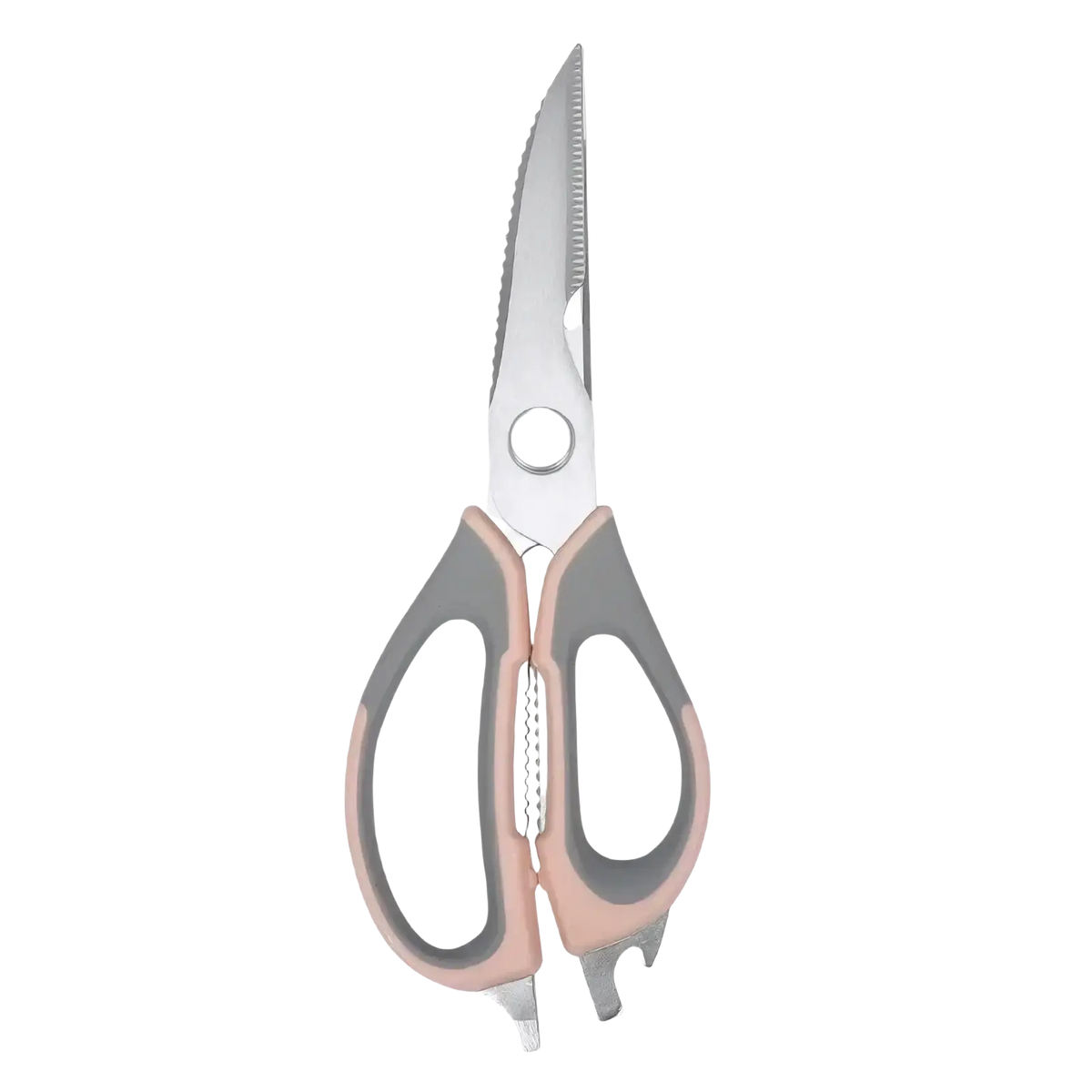 Heavy duty kitchen shears multi functional scissors with pink and gray ergonomic handles and serrated blades