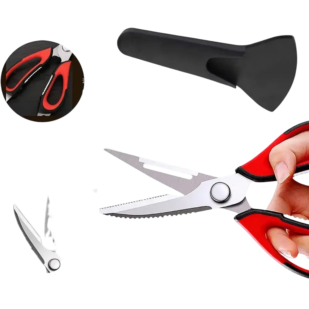 Heavy duty red and black kitchen shears with sharp stainless steel blade and non-slip soft grip handles