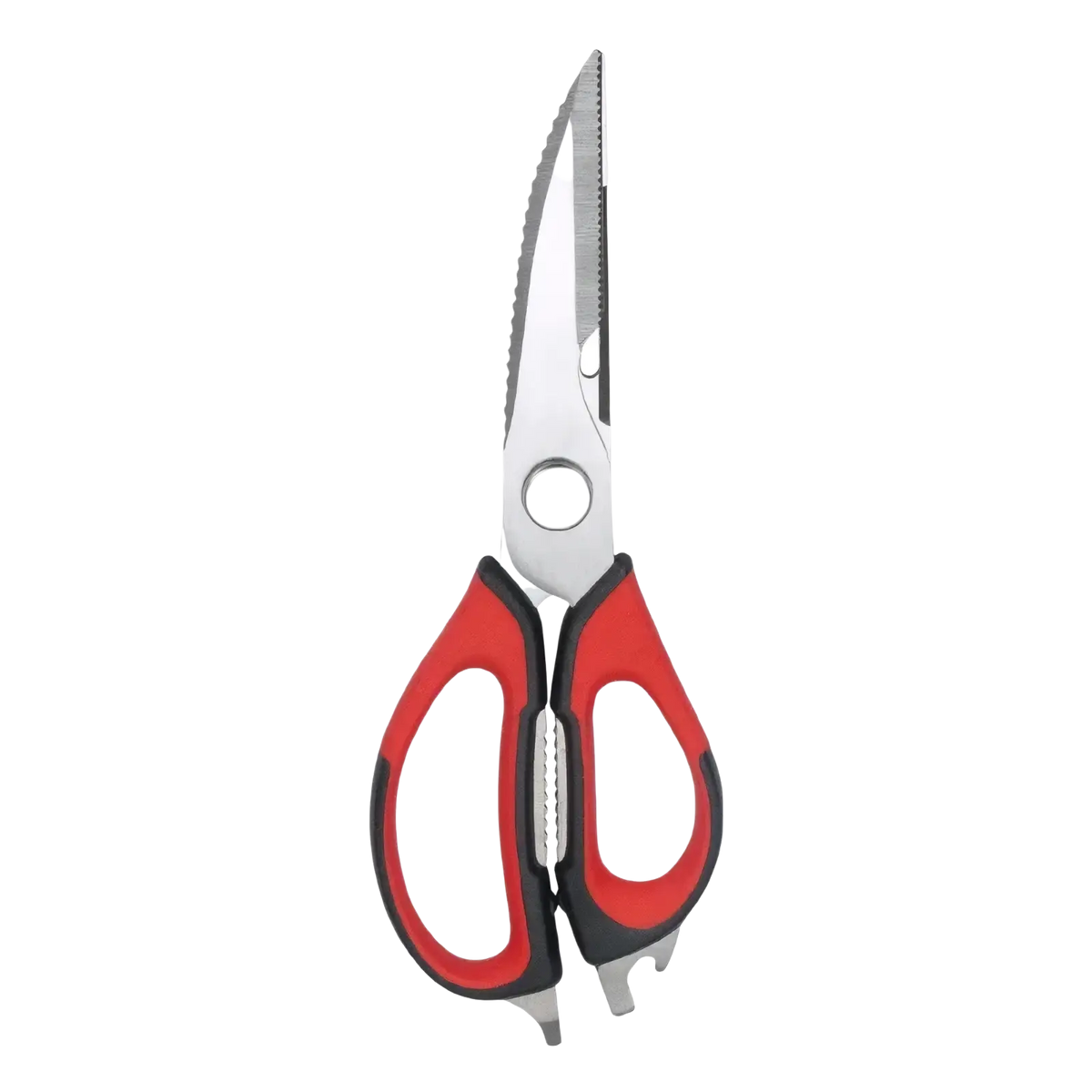 Red and black ergonomic heavy duty kitchen shears with serrated blades for multifunctional use