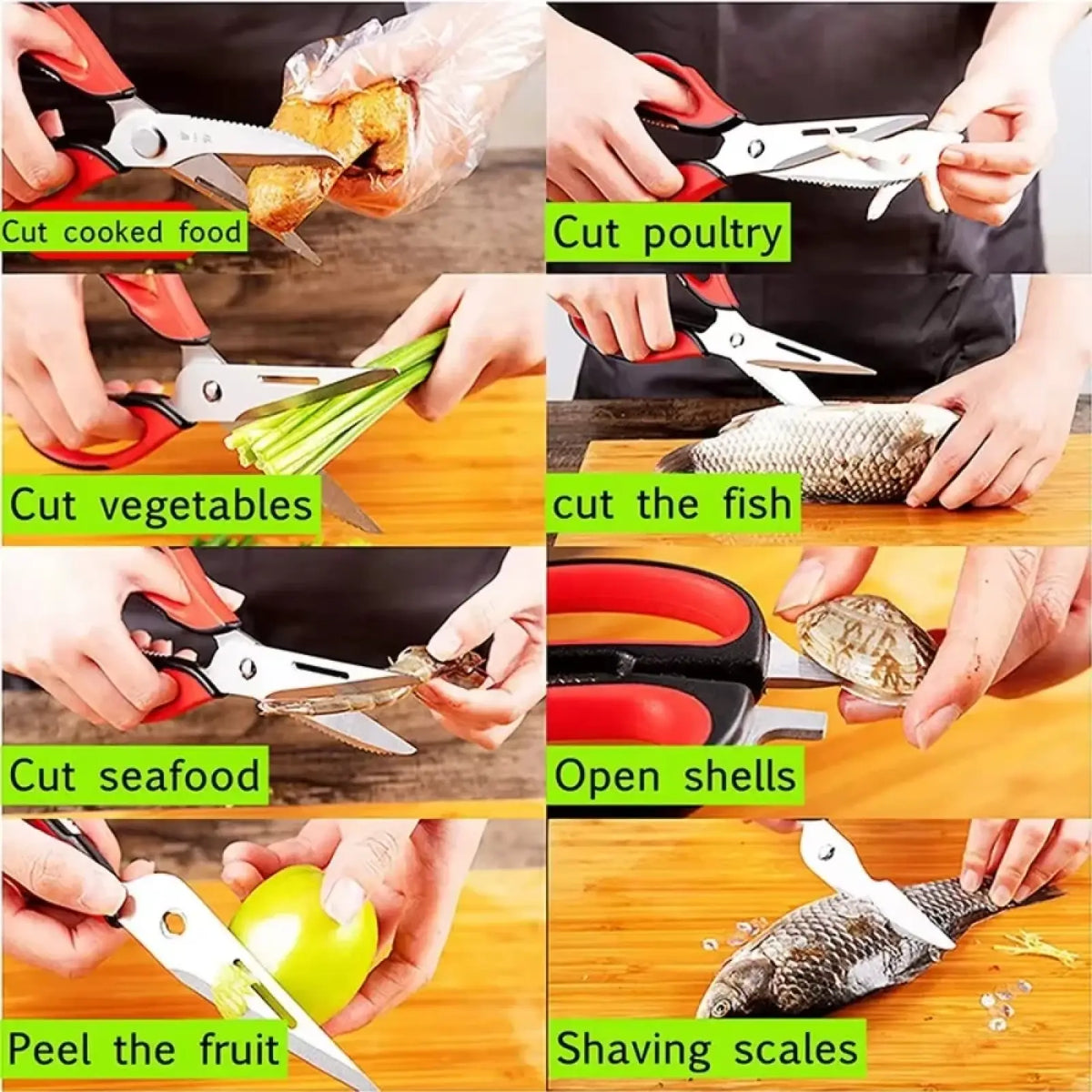 Heavy duty red and black kitchen shears with serrated blades for cutting cooked food, poultry, vegetables, and seafood