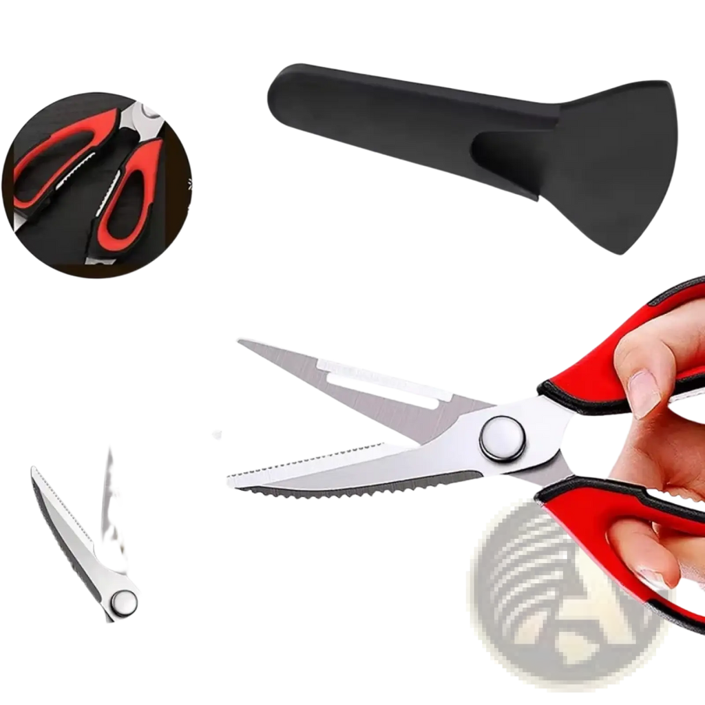 Heavy duty red and black kitchen shears with sharp stainless steel blade and non-slip soft grip handles