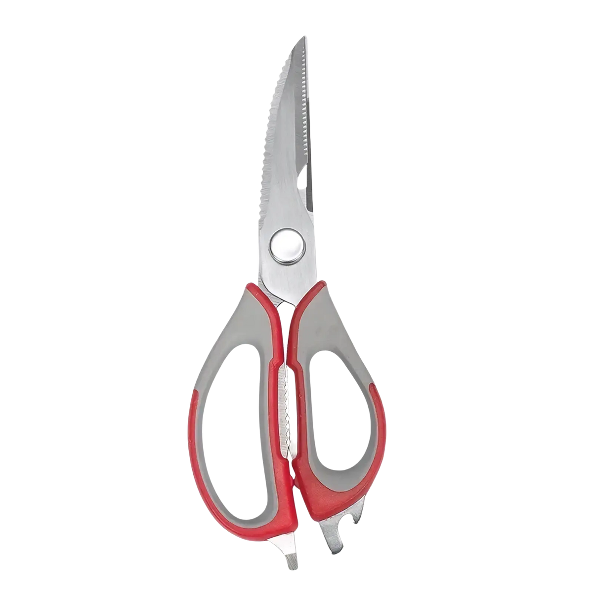 Heavy duty kitchen shears multi functional scissors with red and gray handles and a serrated blade for cutting tasks