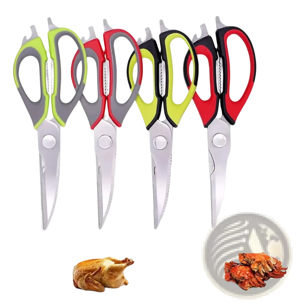 Set of four heavy duty kitchen shears with ergonomic handles in green-gray red-gray yellow-black and red-black stainless steel blades for cutting poultry shrimp and crab
