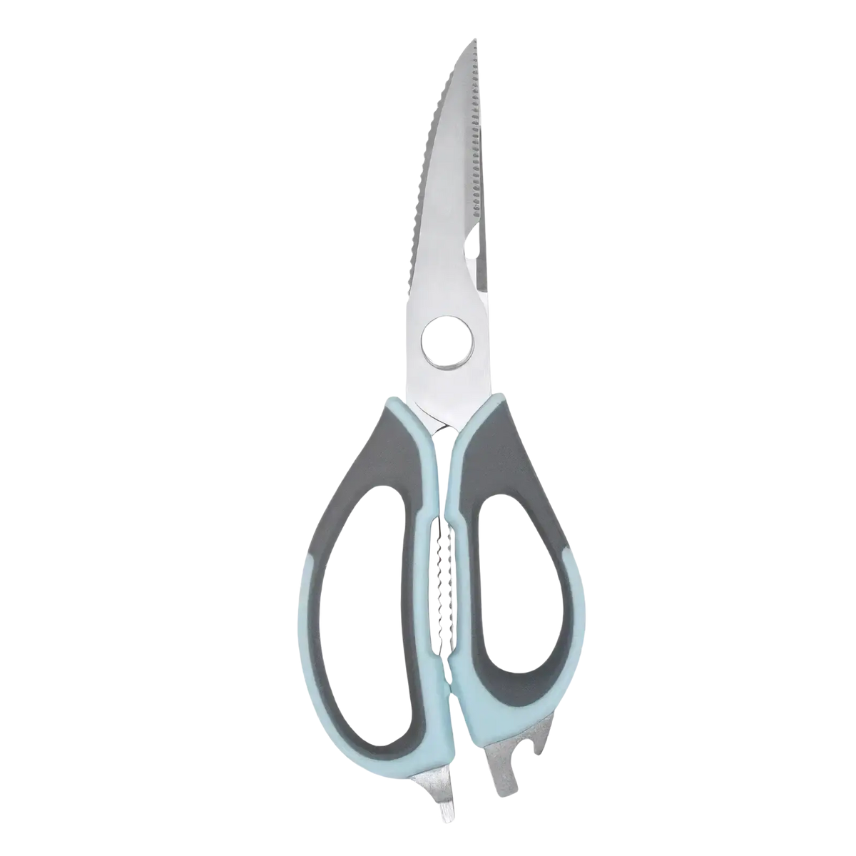Heavy duty silver serrated kitchen shears with teal and black ergonomic handles multifunctional scissors