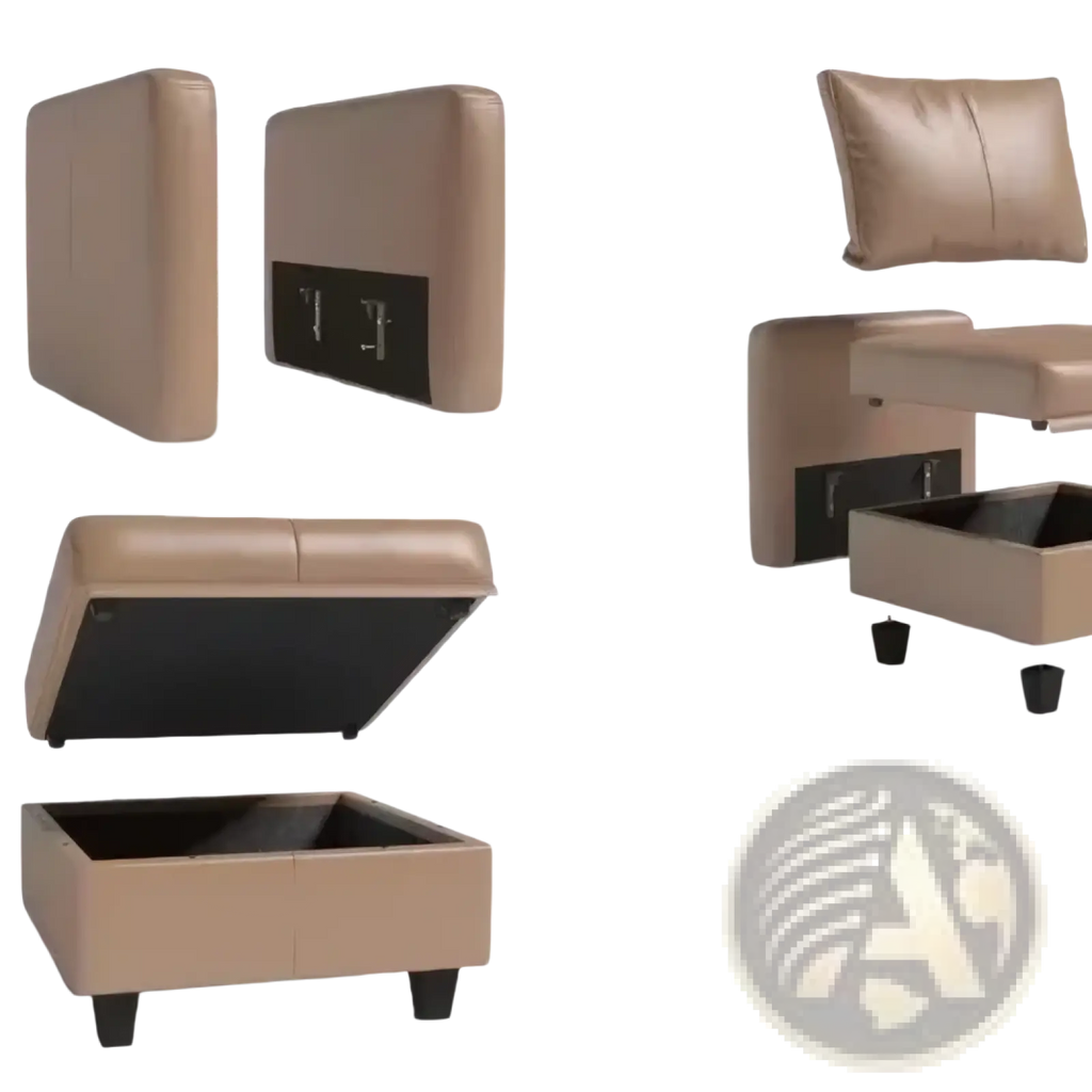 Beige leather ottoman with storage compartment and black legs paired with heavy duty l shaped metal shelf bracket 200kg