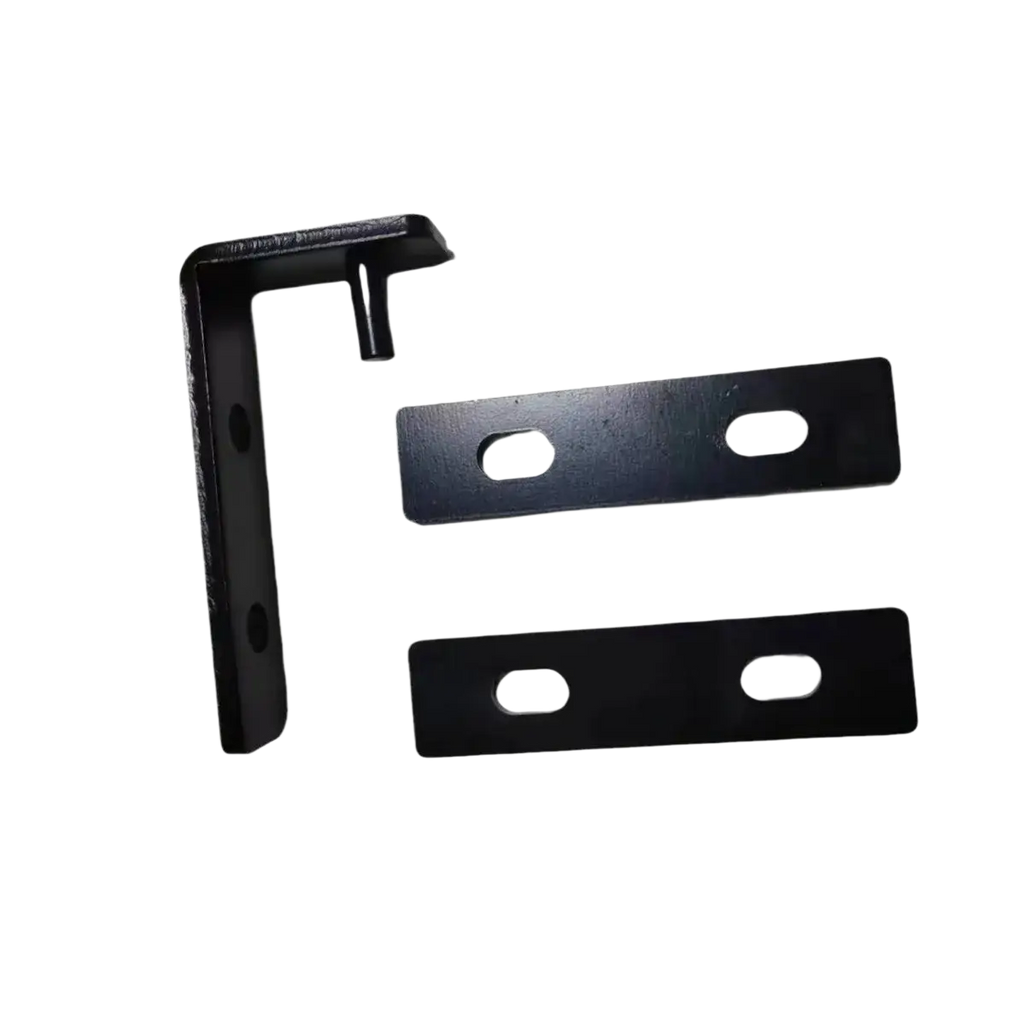 Black heavy duty l shaped metal shelf bracket with two matching flat mounting plates featuring oval holes