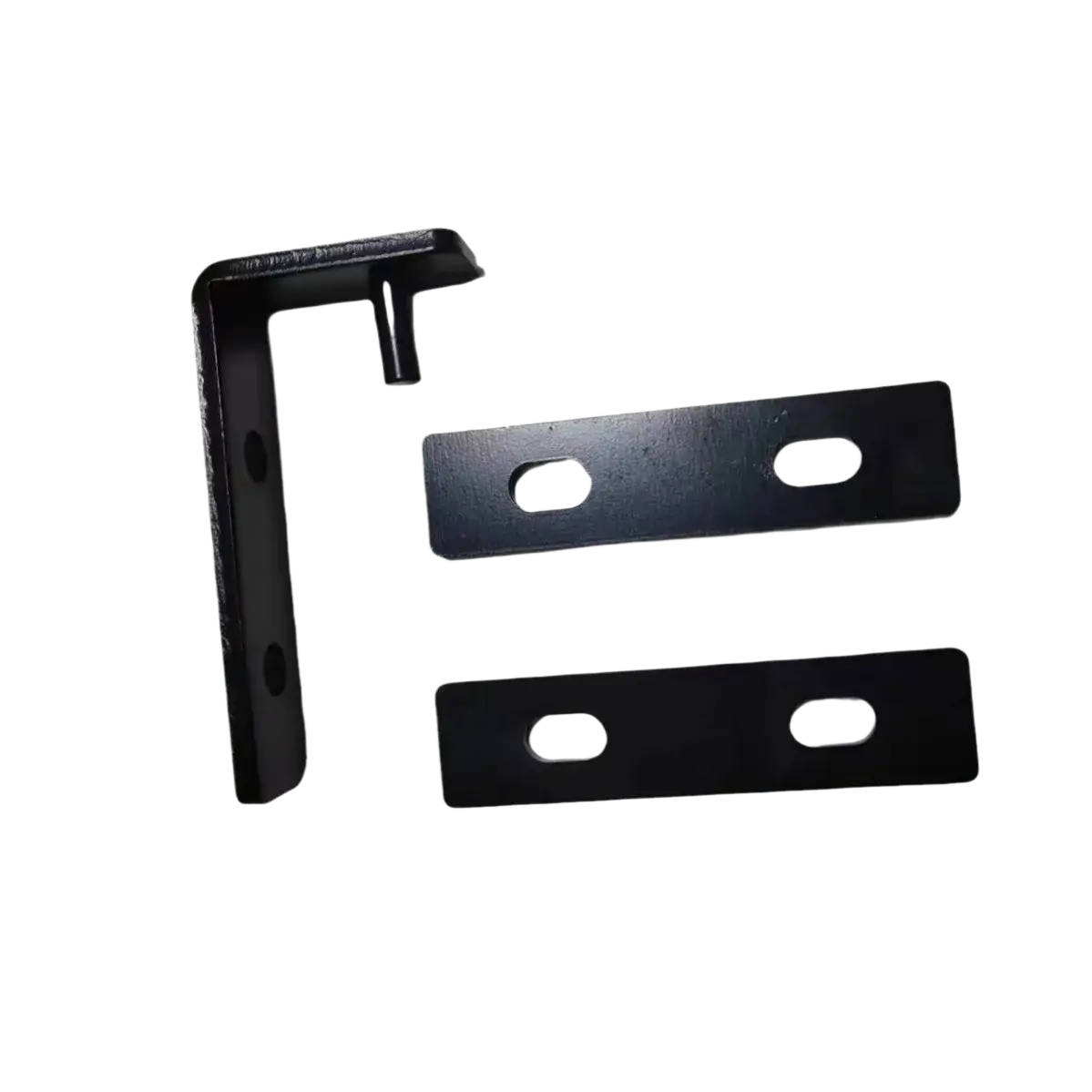 Black heavy duty l shaped metal shelf bracket with two matching flat mounting plates featuring oval holes