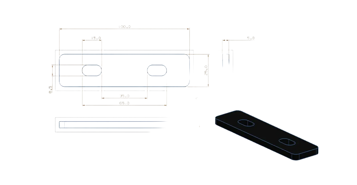 Black rectangular metal plate with two oval cutouts and dimensional markings for heavy duty l shaped metal shelf bracket 200kg