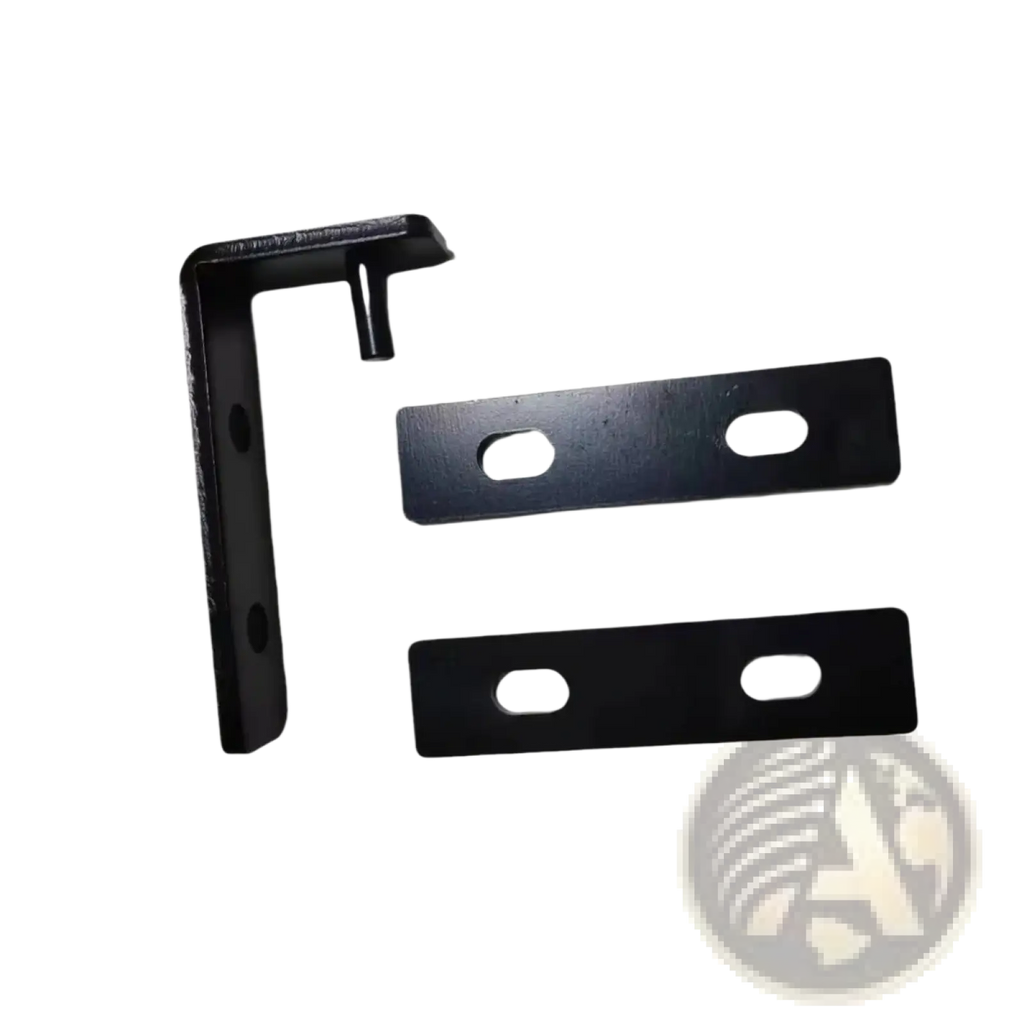 Black heavy duty l shaped metal shelf bracket with two matching flat mounting plates featuring oval holes