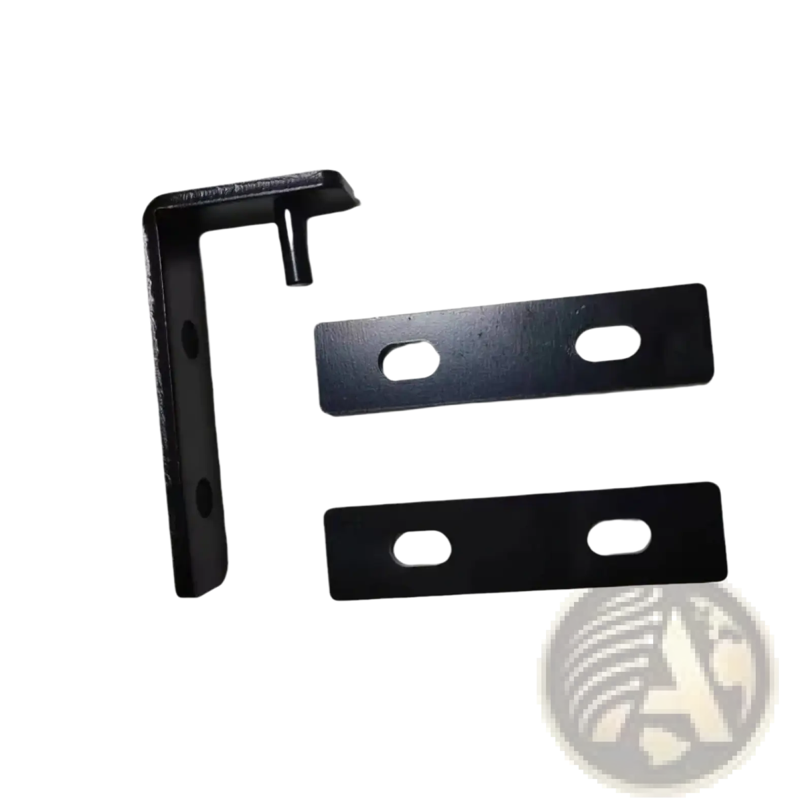 Black heavy duty l shaped metal shelf bracket with two matching flat mounting plates featuring oval holes
