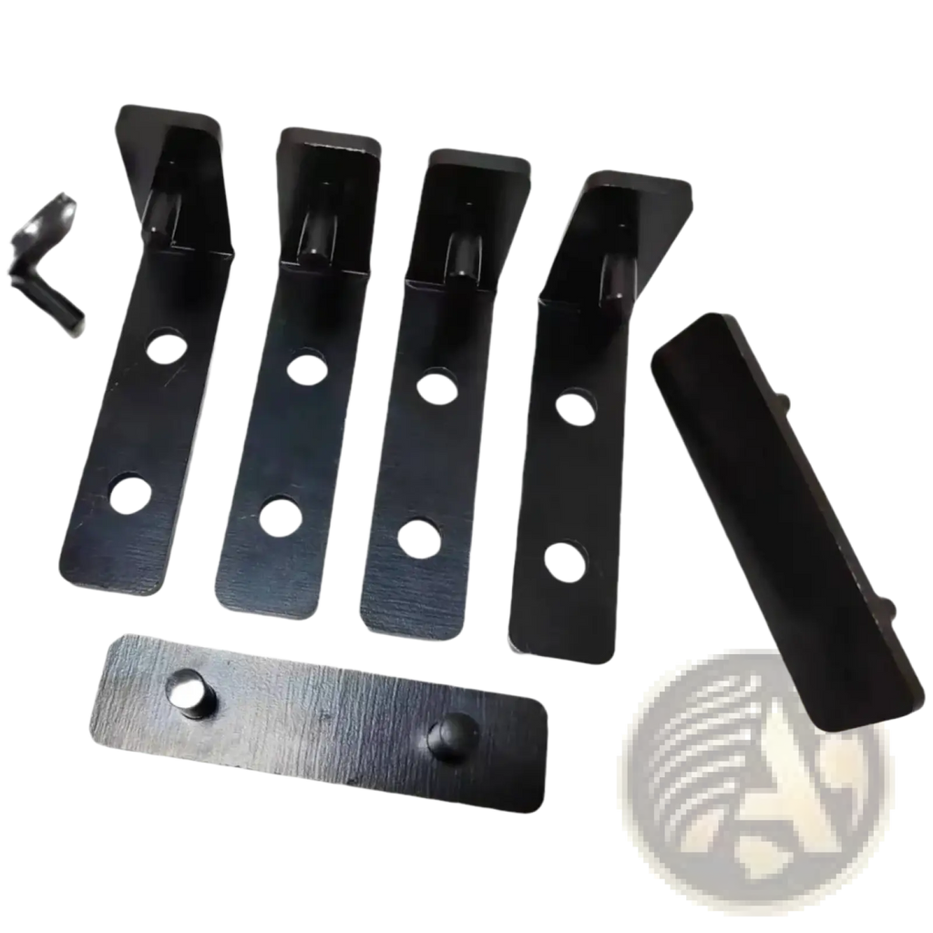 Set of four heavy duty black metal l shaped shelf brackets with circular mounting holes and matching flat base plates