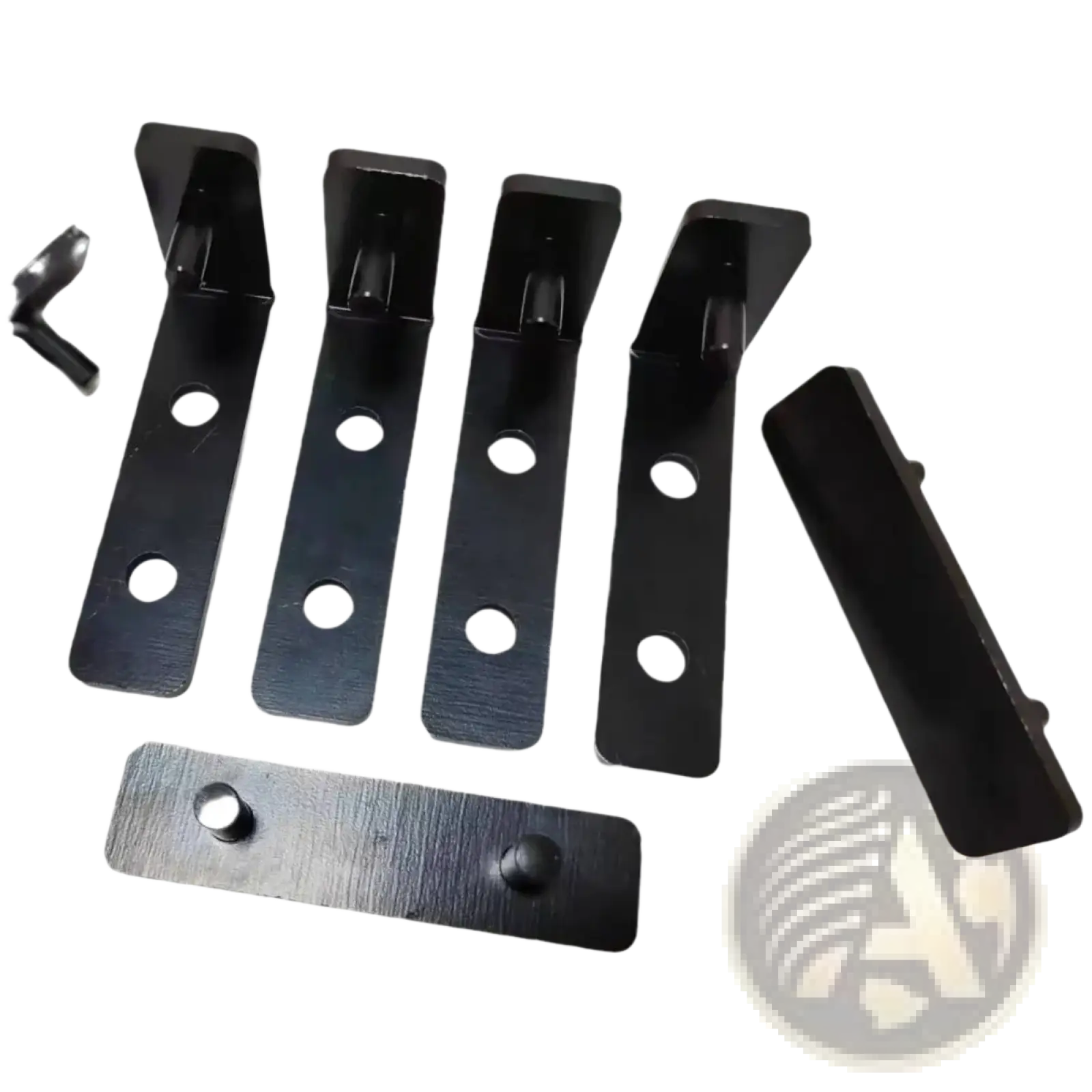Set of four heavy duty black metal l shaped shelf brackets with circular mounting holes and matching flat base plates