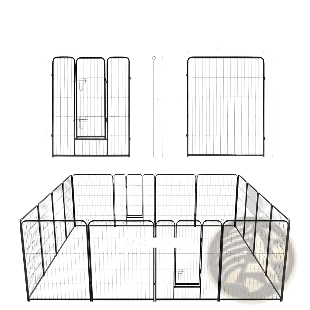 Black metal heavy duty dog playpen with interlocking panels and gate for secure pet enclosure and exercise