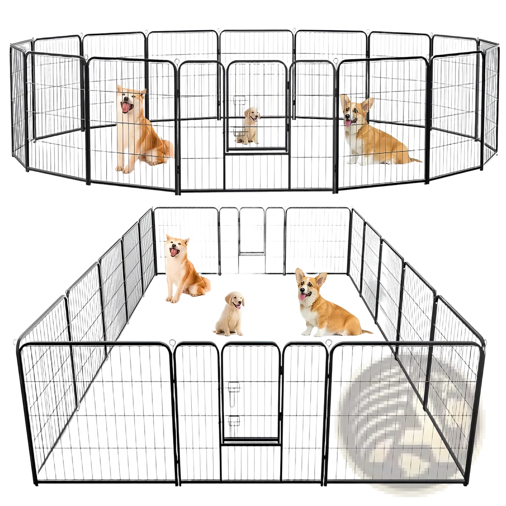 Black metal heavy duty dog playpen with multiple panels and gate for safe exercise and containment