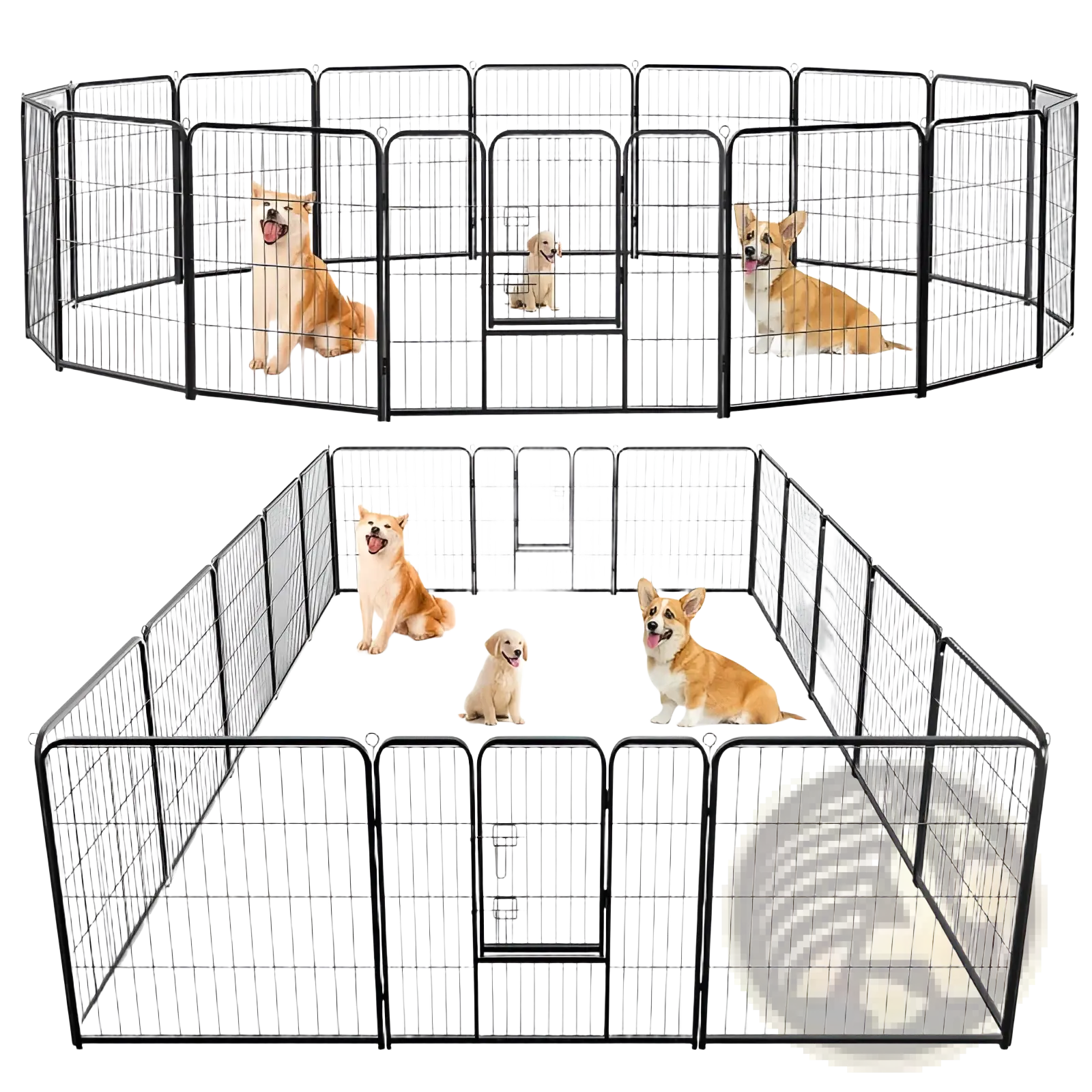 Black metal heavy duty dog playpen with multiple panels and gate for safe exercise and containment
