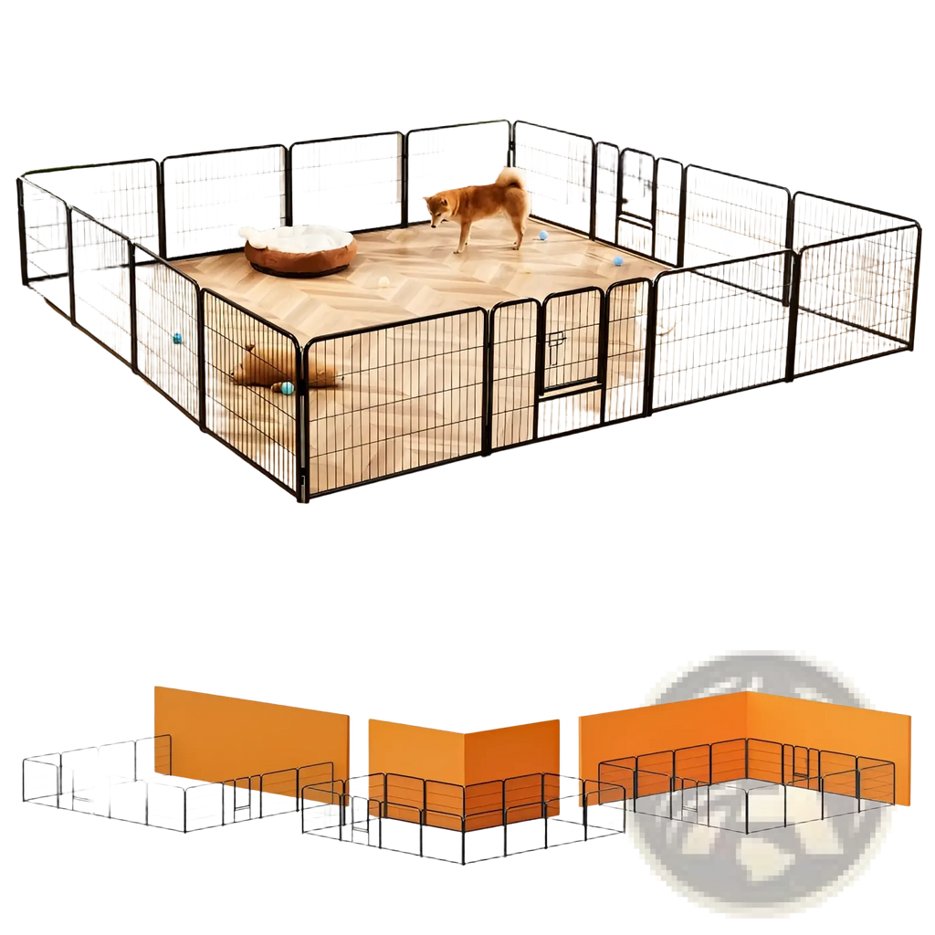 Black metal heavy duty dog playpen with herringbone floor pattern and orange wall panel option for pet exercise