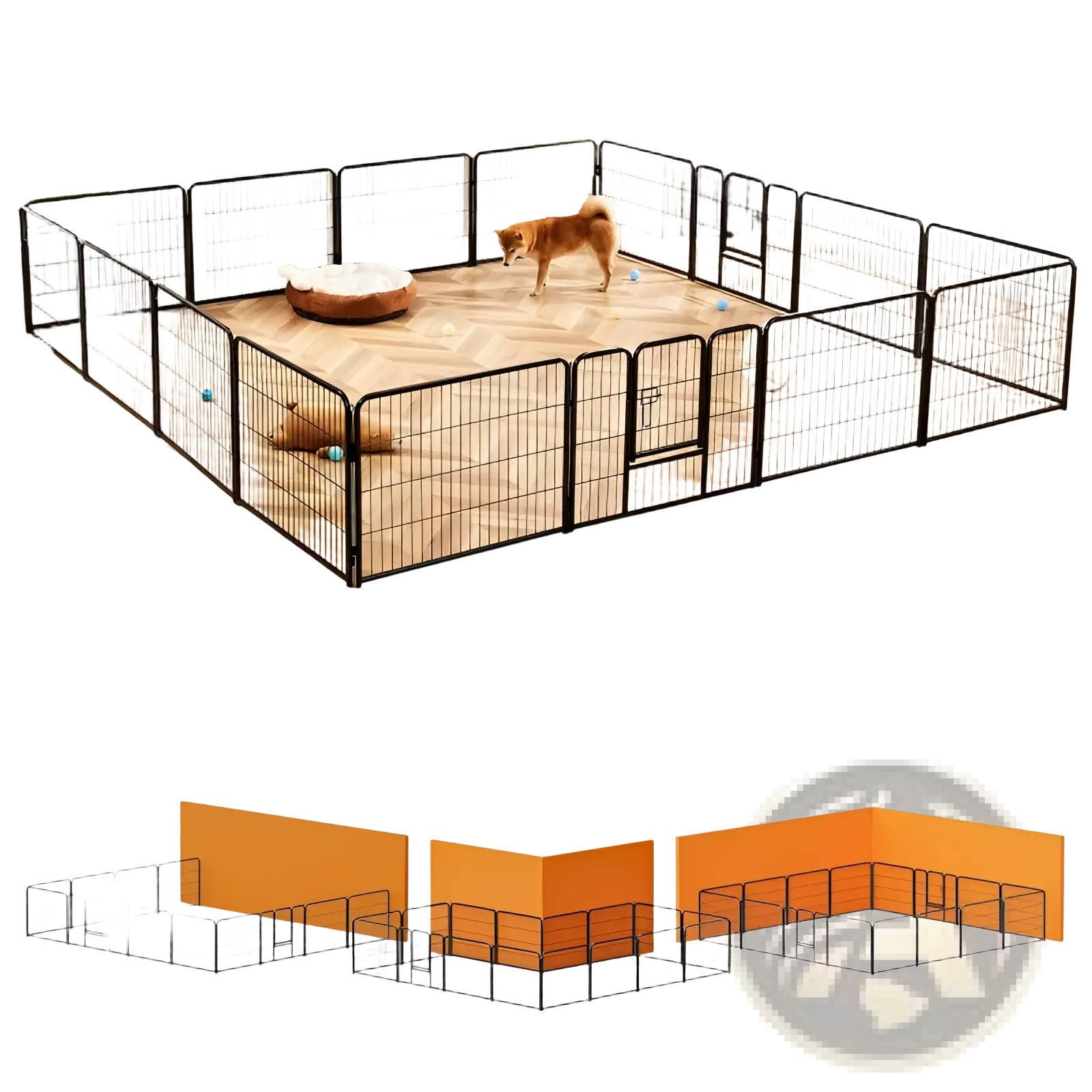 Black metal heavy duty dog playpen with herringbone floor pattern and orange wall panel option for pet exercise
