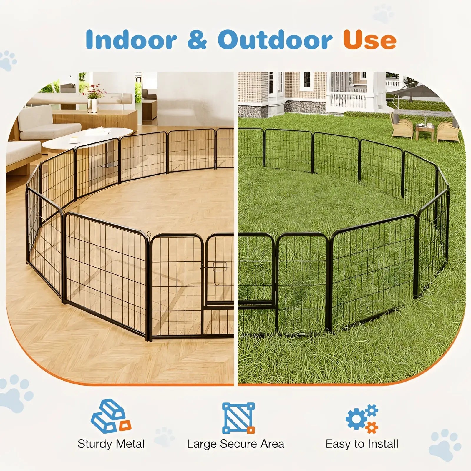 Black metal heavy duty dog playpen with foldable grid panels for exercise and containment