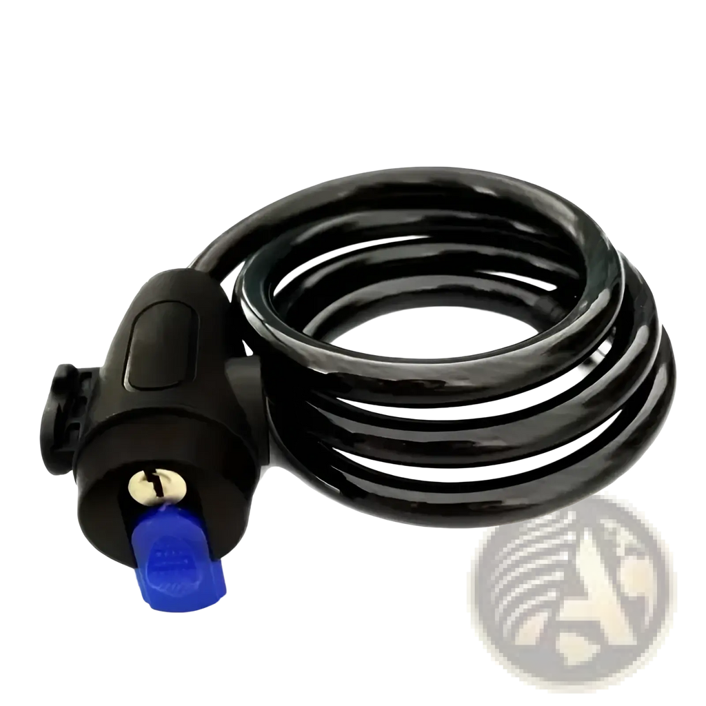 Black coiled heavy duty motorcycle chain lock with blue key and black plastic housing for anti theft bike security