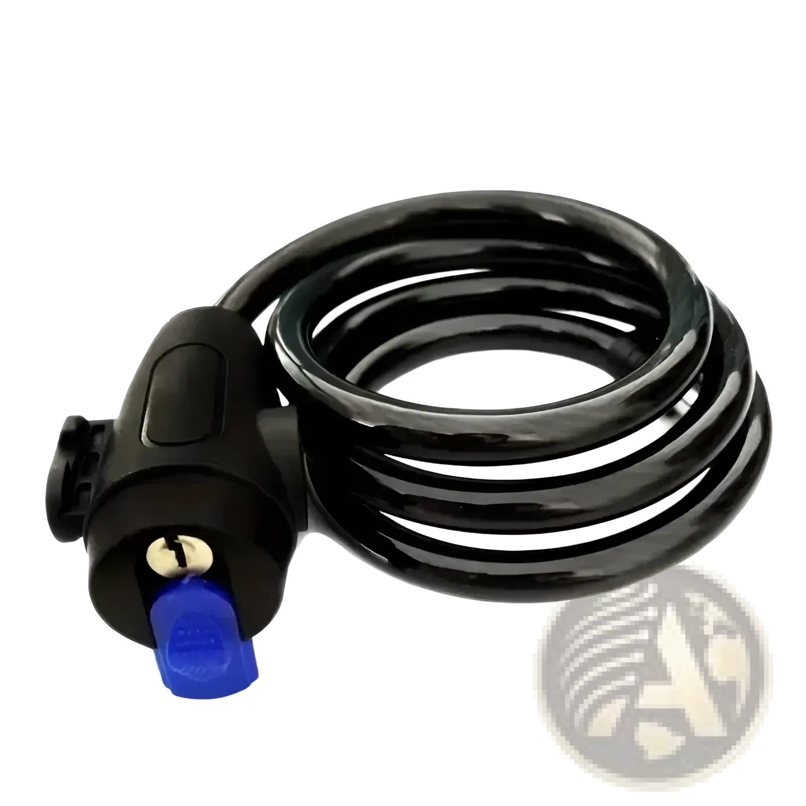 Black coiled heavy duty motorcycle chain lock with blue key and black plastic housing for anti theft bike security