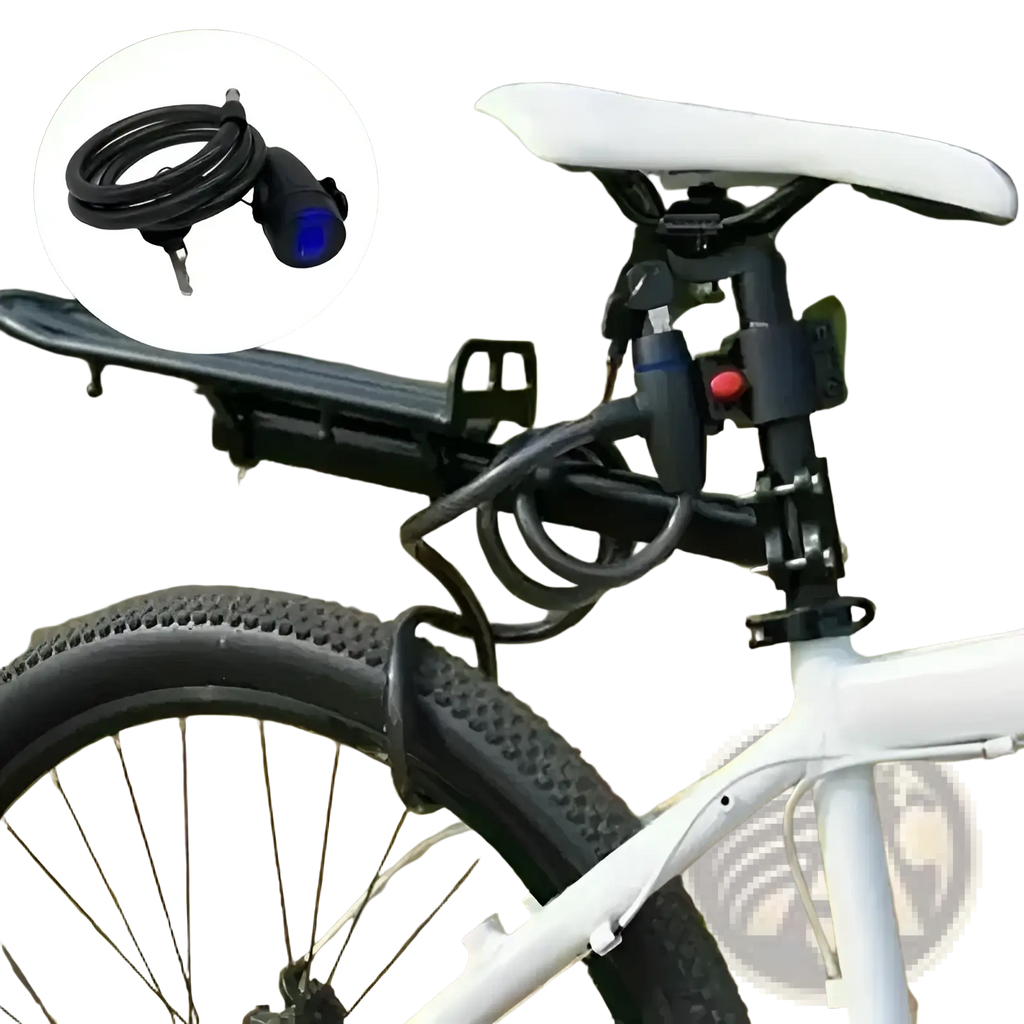 Black heavy duty motorcycle chain lock with blue-lit digital display on lock head for anti theft bike security