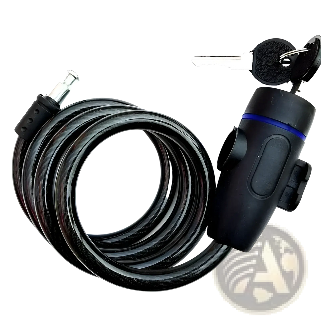 Black coiled heavy duty motorcycle chain lock with sturdy textured cable and black plastic handle with blue accent stripe