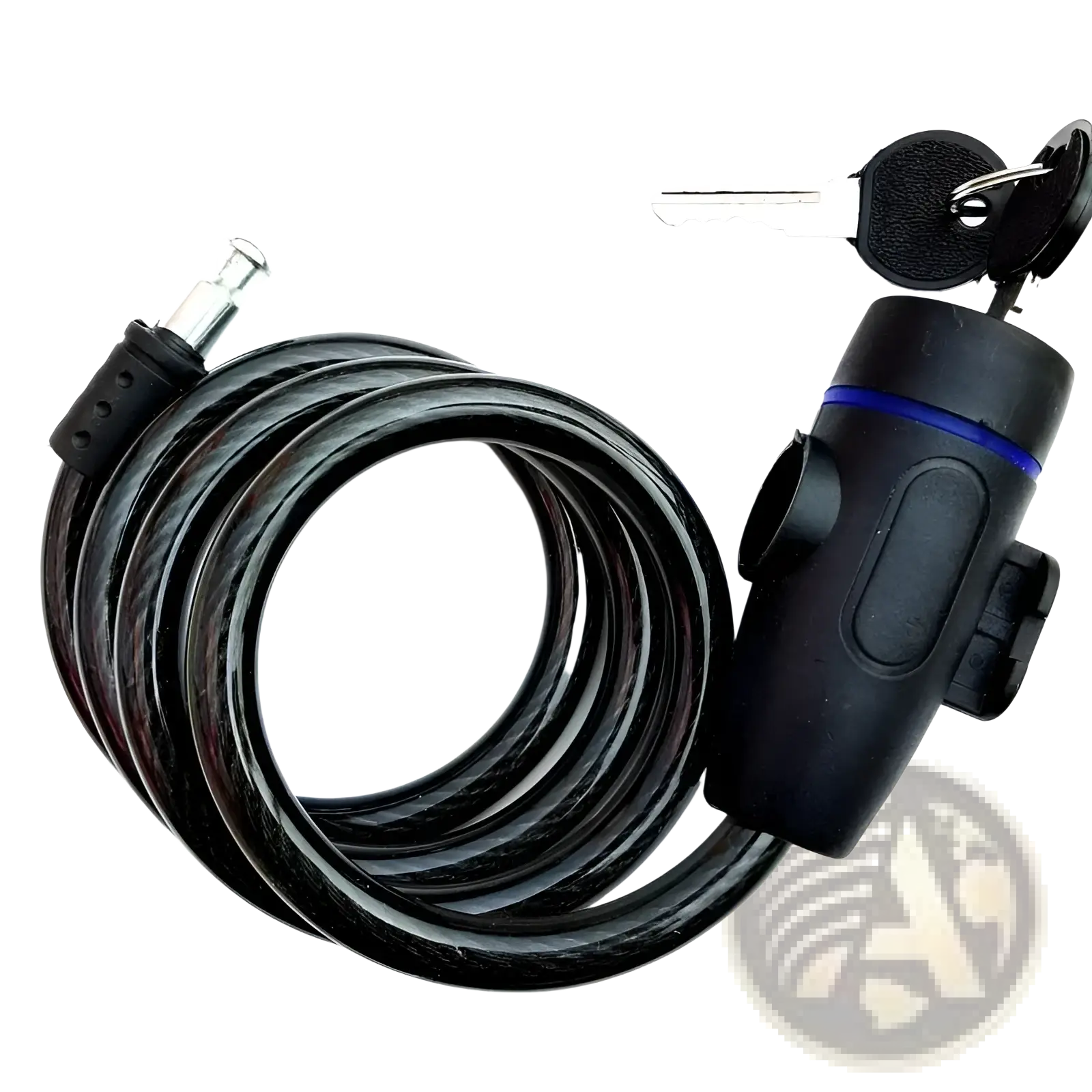 Black coiled heavy duty motorcycle chain lock with sturdy textured cable and black plastic handle with blue accent stripe