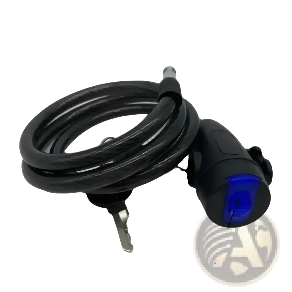 Black heavy duty motorcycle chain lock coiled with blue handle accent and attached key for anti theft security