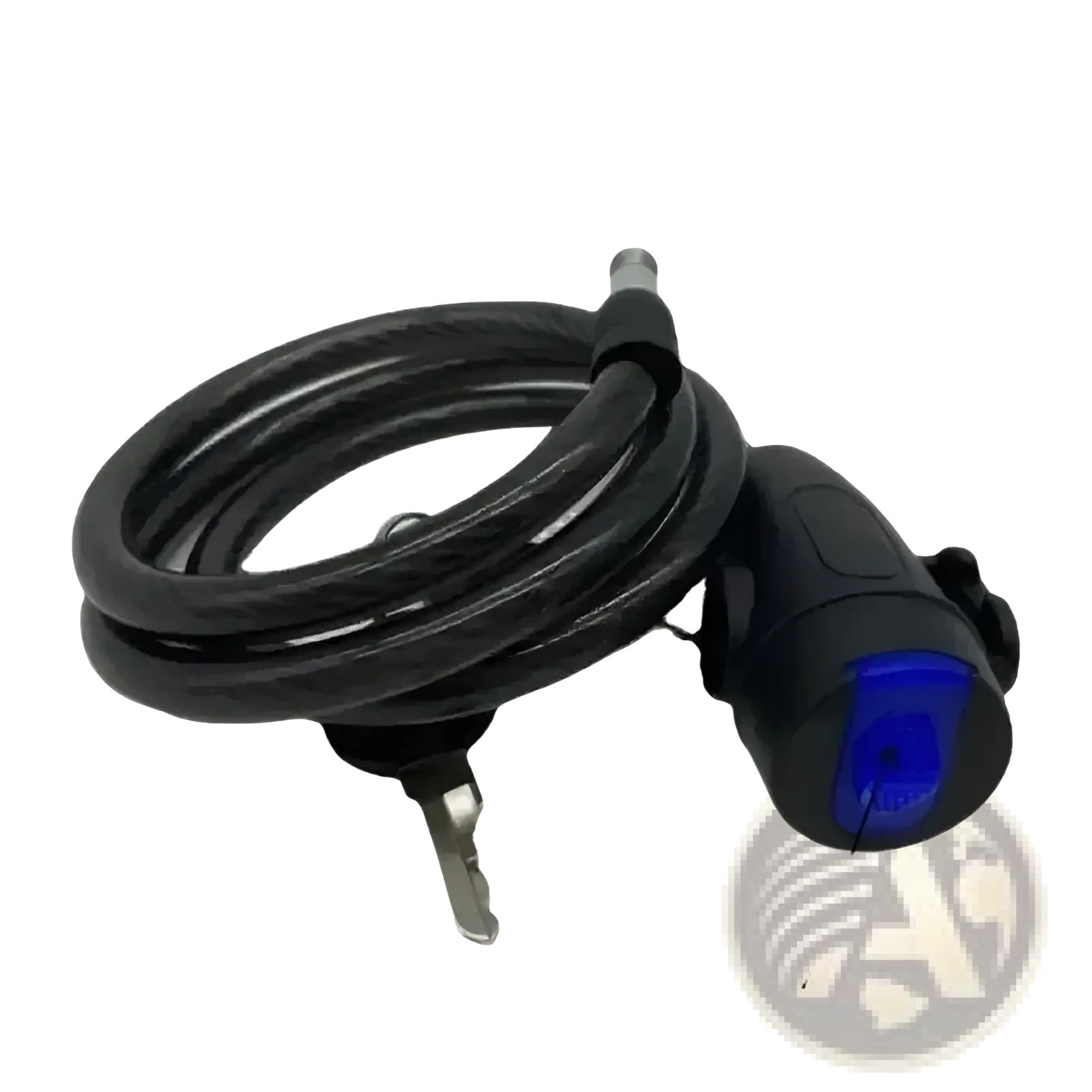 Black heavy duty motorcycle chain lock coiled with blue handle accent and attached key for anti theft security