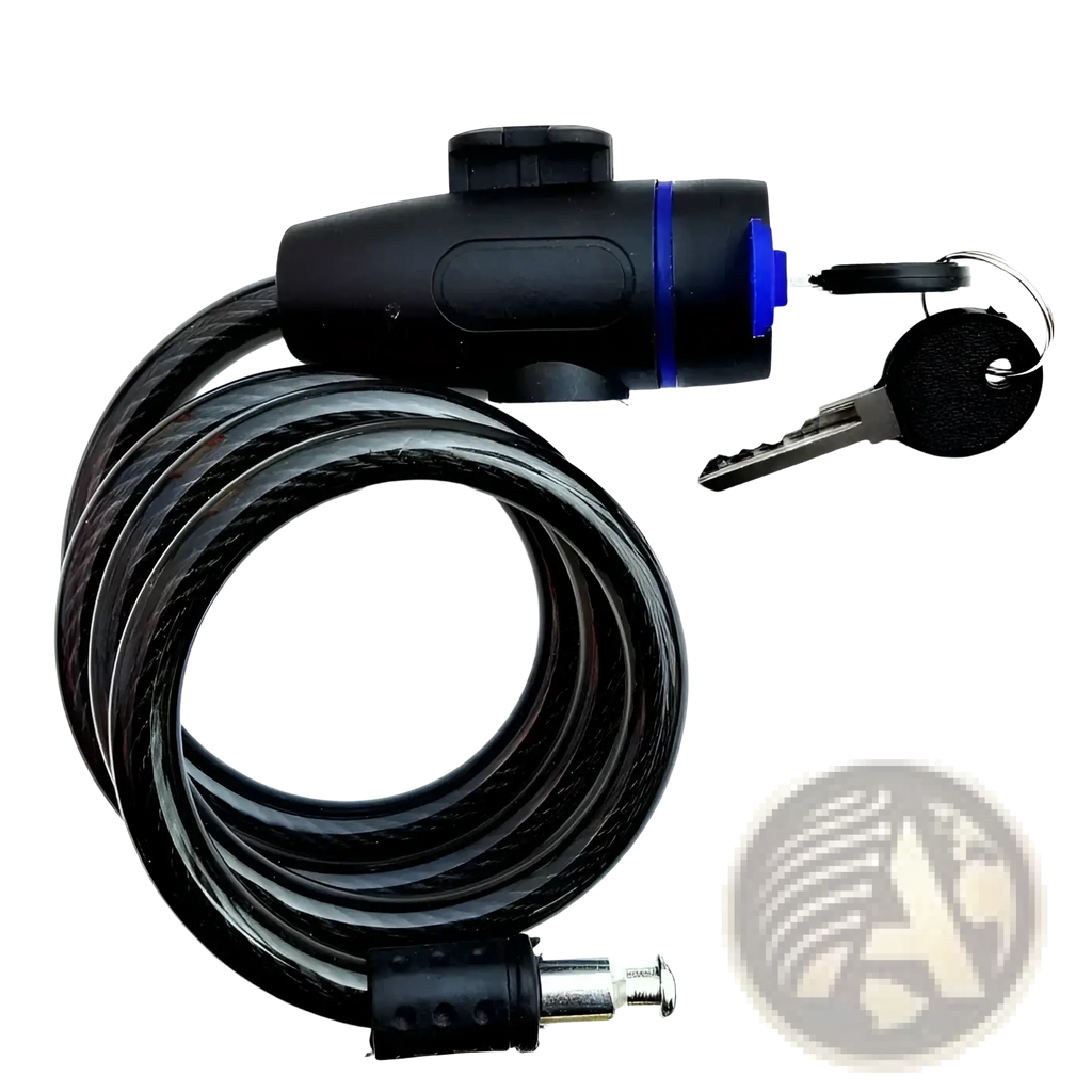 Black coiled heavy duty motorcycle chain lock with blue keyless locking mechanism and matching black keys for anti theft