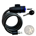 Black coiled heavy duty motorcycle chain lock with blue keyless locking mechanism and matching black keys for anti theft