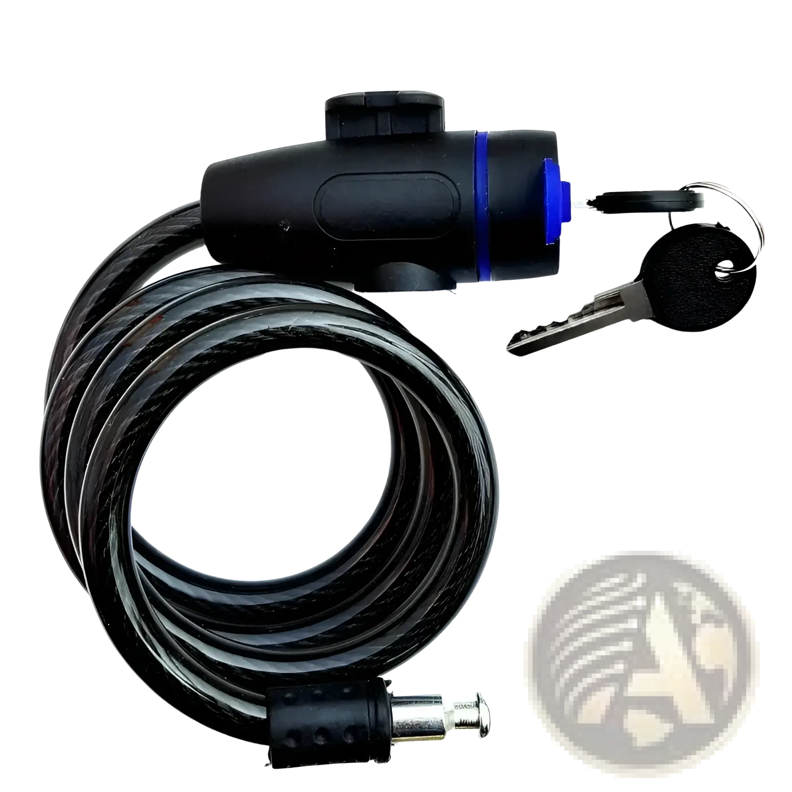 Black coiled heavy duty motorcycle chain lock with blue keyless locking mechanism and matching black keys for anti theft