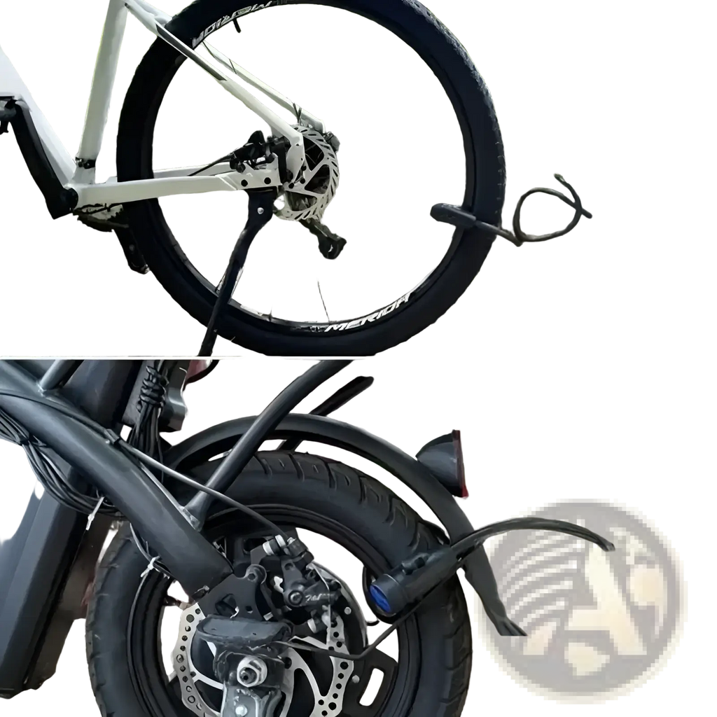 White bicycle with black tires and disc brake system paired with heavy duty motorcycle chain lock anti theft bike lock